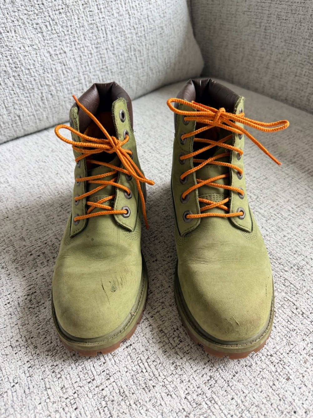 Kids Timberland Olive Lace-Up Boots with Orange Laces Size 5